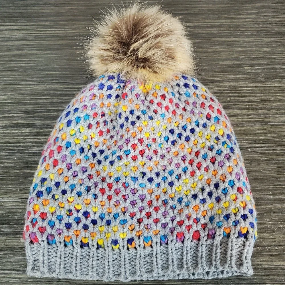 Rainbow Peek-A-Boo Gray Knit Beanie Hat Faux Fur Pom Fleece Lined Women's Winter